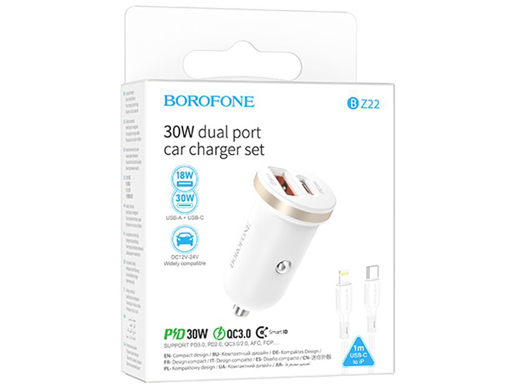 Автомобільний Зарядний Пристрій Borofone BZ22 1USB/1USB-C QC/PD30W+Type-C to Lightning Колір Бiлий