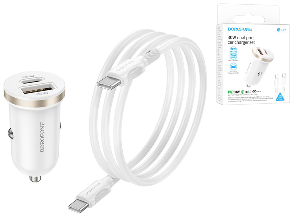 Автомобільний Зарядний Пристрій Borofone BZ22 1USB/1USB-C QC/PD30W+Type-C to Type-C Колір Бiлий