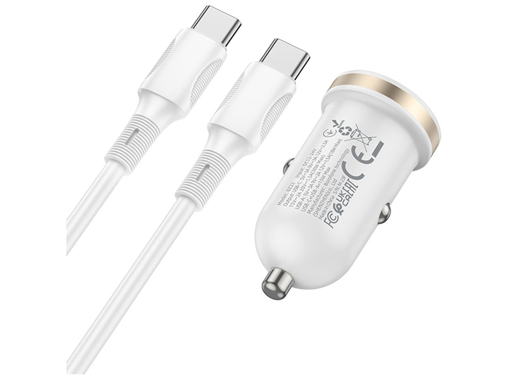 Автомобільний Зарядний Пристрій Borofone BZ22 1USB/1USB-C QC/PD30W+Type-C to Type-C Колір Бiлий