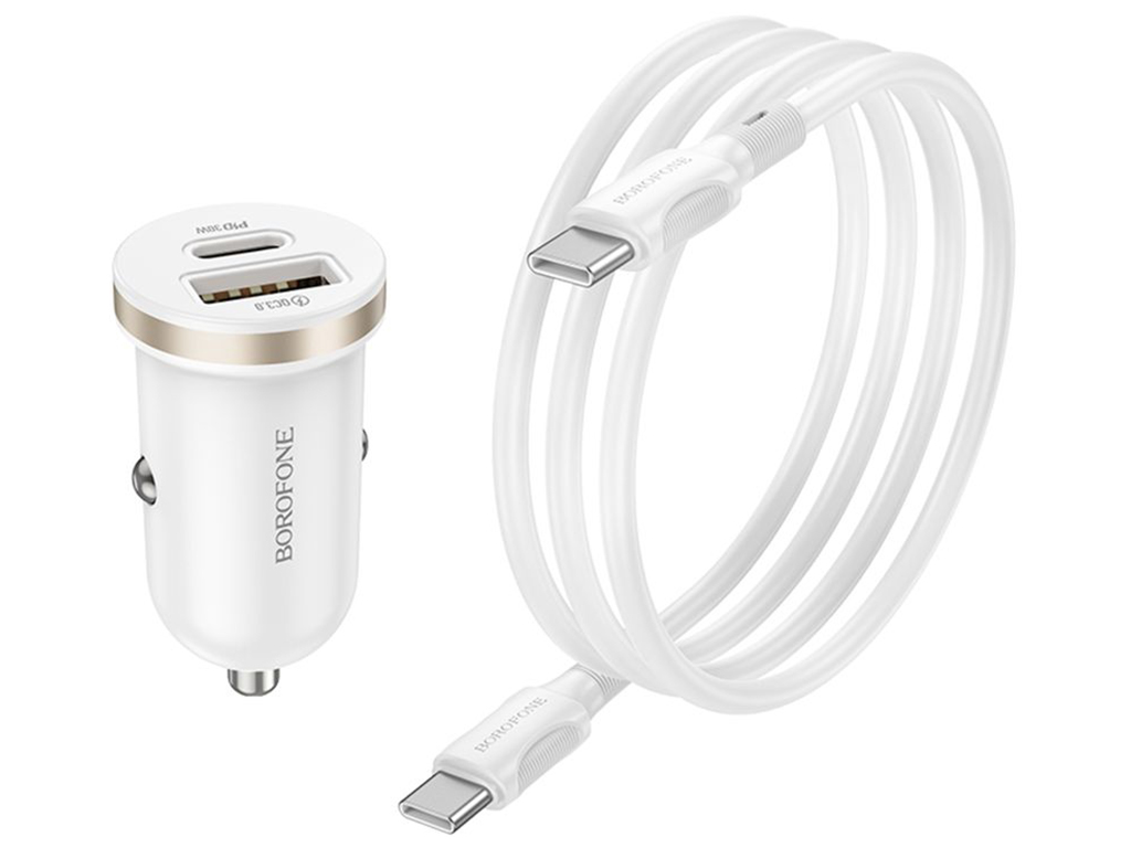 Автомобільний Зарядний Пристрій Borofone BZ22 1USB/1USB-C QC/PD30W+Type-C to Type-C Колір Бiлий