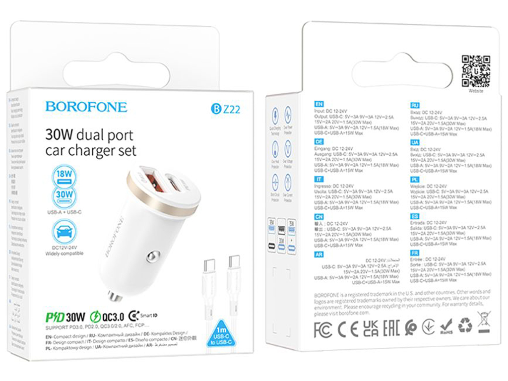 Автомобільний Зарядний Пристрій Borofone BZ22 1USB/1USB-C QC/PD30W+Type-C to Type-C Колір Бiлий