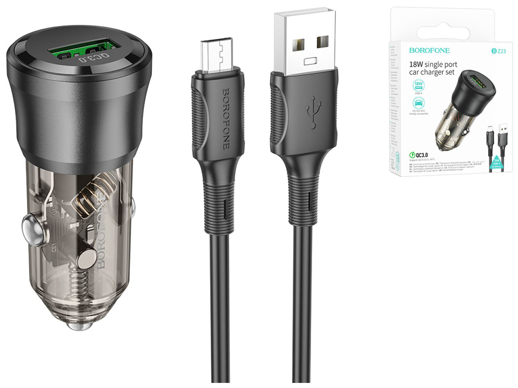 Автомобільний Зарядний Пристрій Borofone BZ23 1USB QC18W+Micro Колір Прозоро-чорний