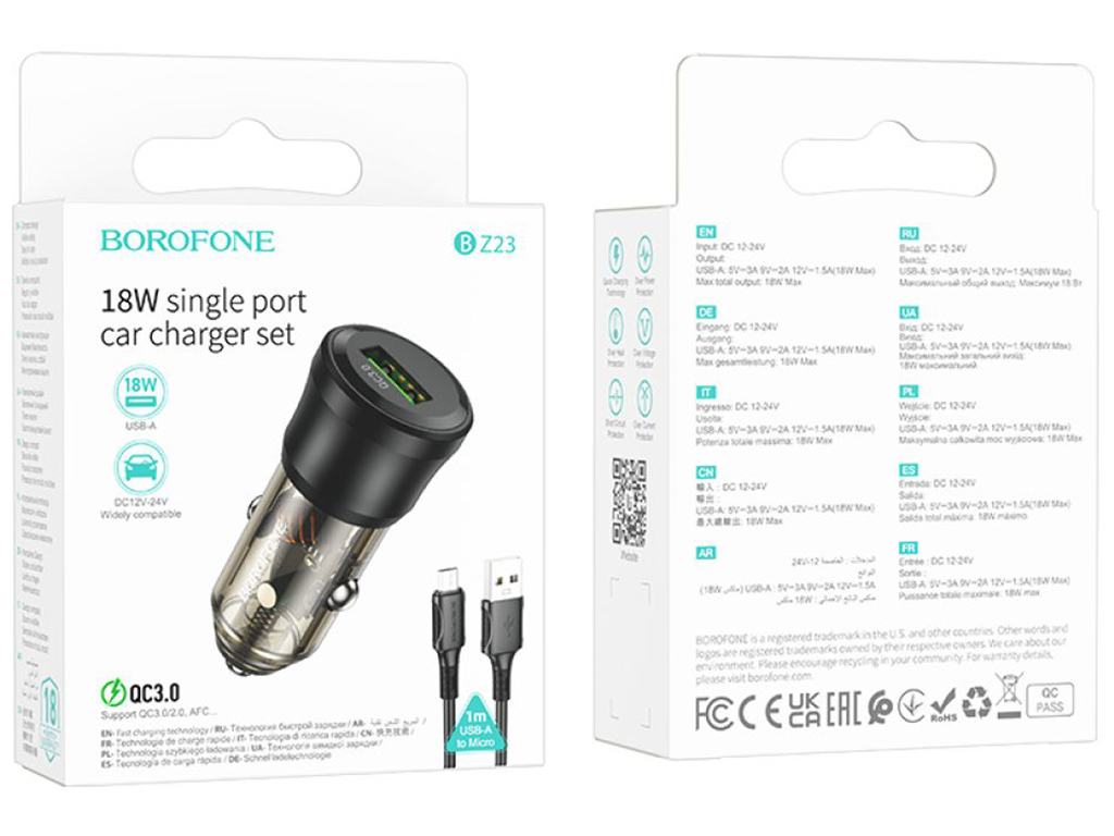 Автомобільний Зарядний Пристрій Borofone BZ23 1USB QC18W+Micro Колір Прозоро-чорний
