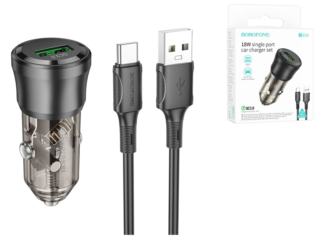 Автомобільний Зарядний Пристрій Borofone BZ23 1USB QC18W+Type-C Колір Прозоро-чорний