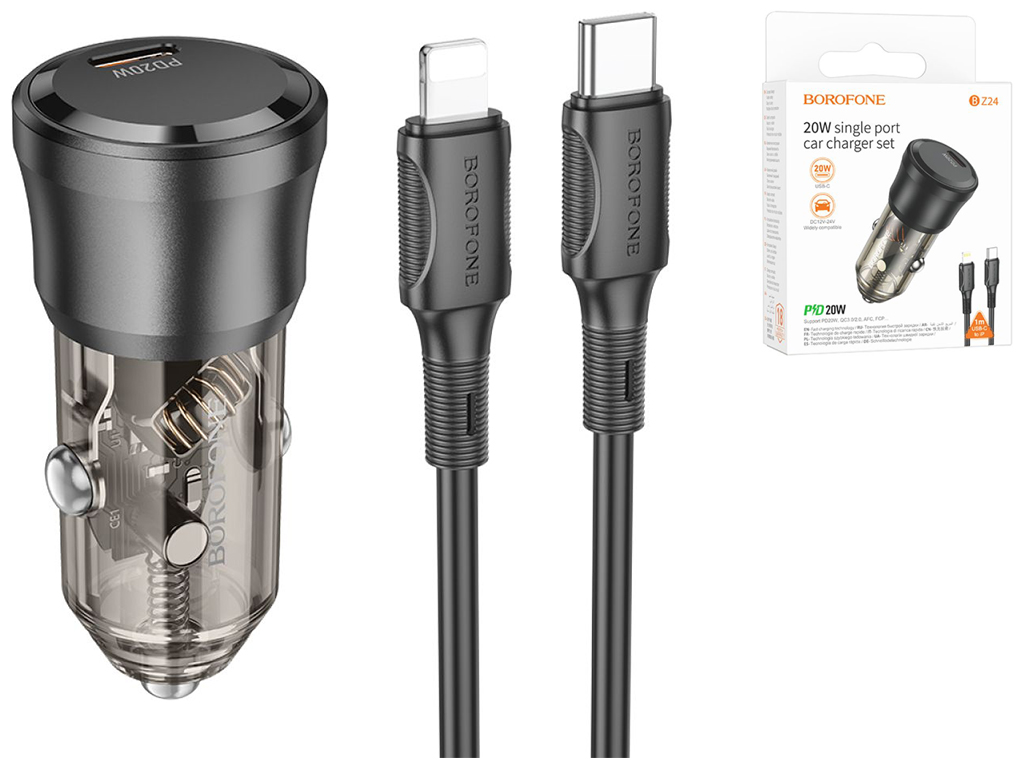 Автомобільний Зарядний Пристрій Borofone BZ24 1USB-C QC/PD20W+Type-C to Lightning Колір Прозоро-чорн