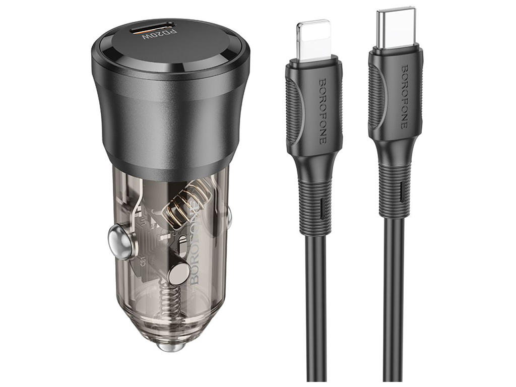 Автомобільний Зарядний Пристрій Borofone BZ24 1USB-C QC/PD20W+Type-C to Lightning Колір Прозоро-чорн