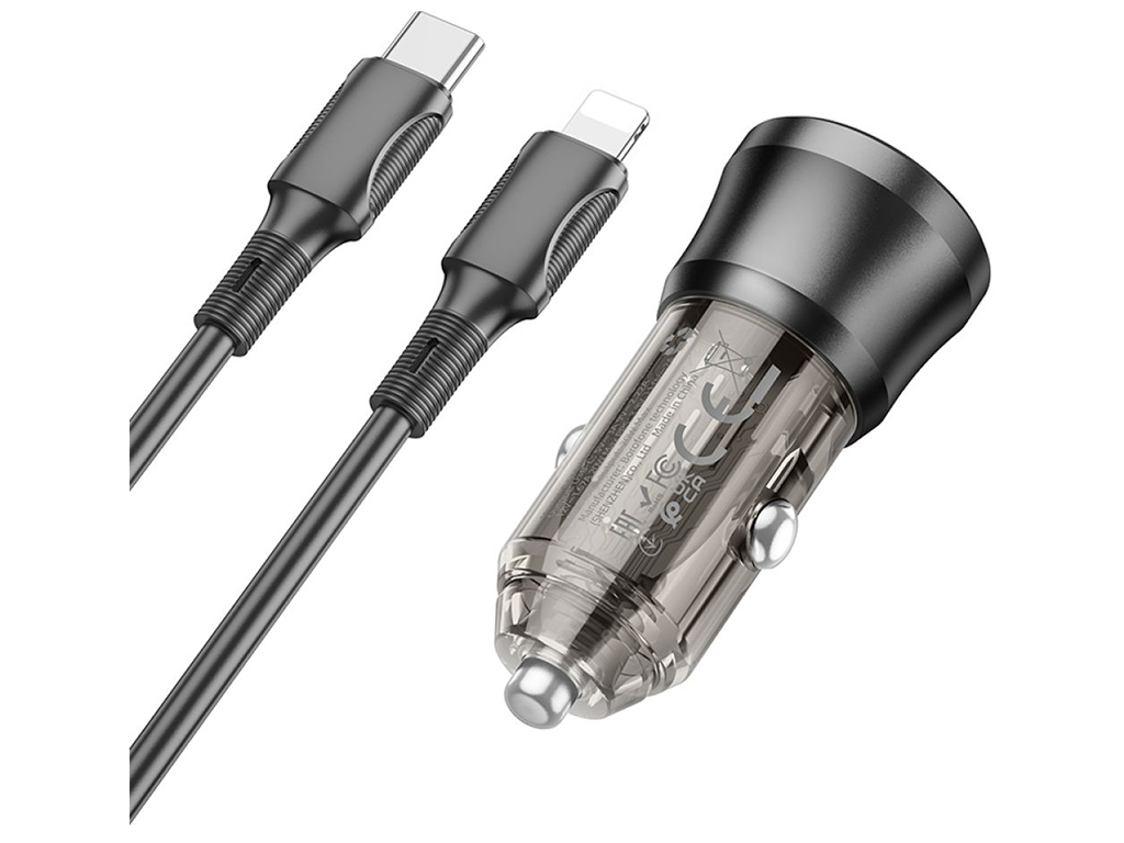 Автомобільний Зарядний Пристрій Borofone BZ24 1USB-C QC/PD20W+Type-C to Lightning Колір Прозоро-чорн