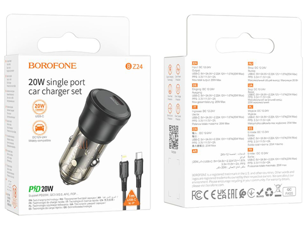 Автомобільний Зарядний Пристрій Borofone BZ24 1USB-C QC/PD20W+Type-C to Lightning Колір Прозоро-чорн