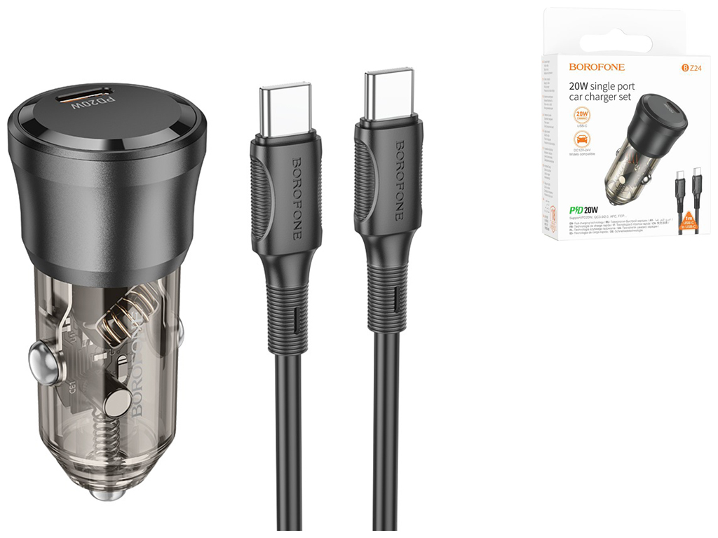 Автомобільний Зарядний Пристрій Borofone BZ24 1USB-C QC/PD20W+Type-C to Type-C Колір Прозоро-чорний