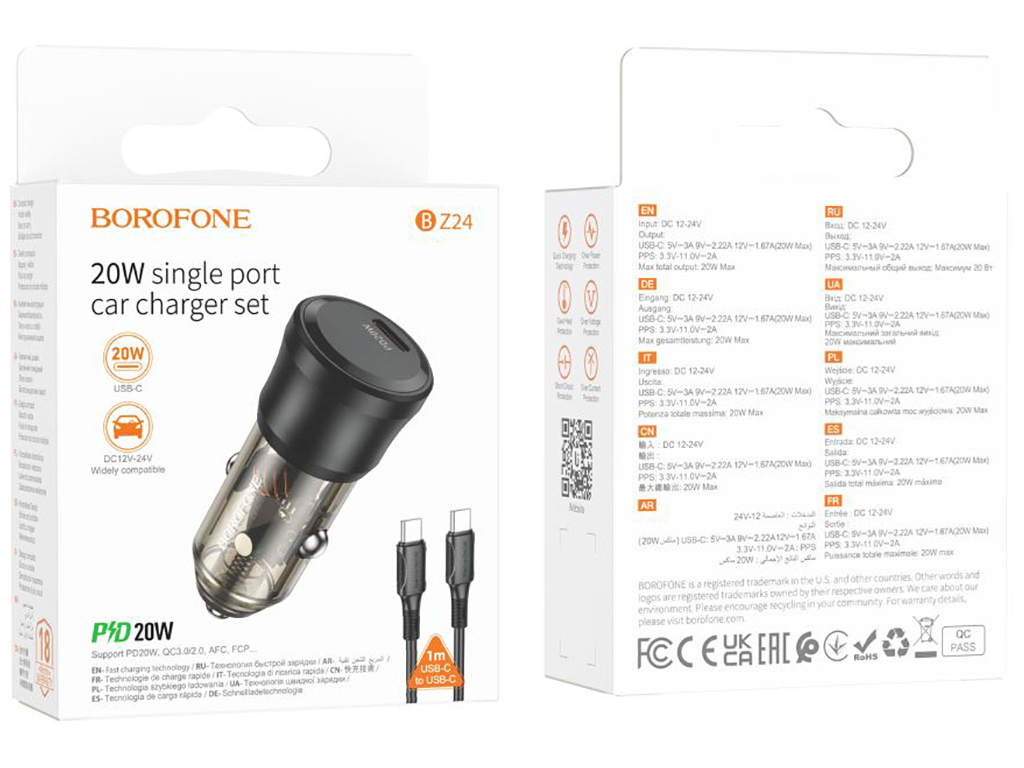 Автомобільний Зарядний Пристрій Borofone BZ24 1USB-C QC/PD20W+Type-C to Type-C Колір Прозоро-чорний