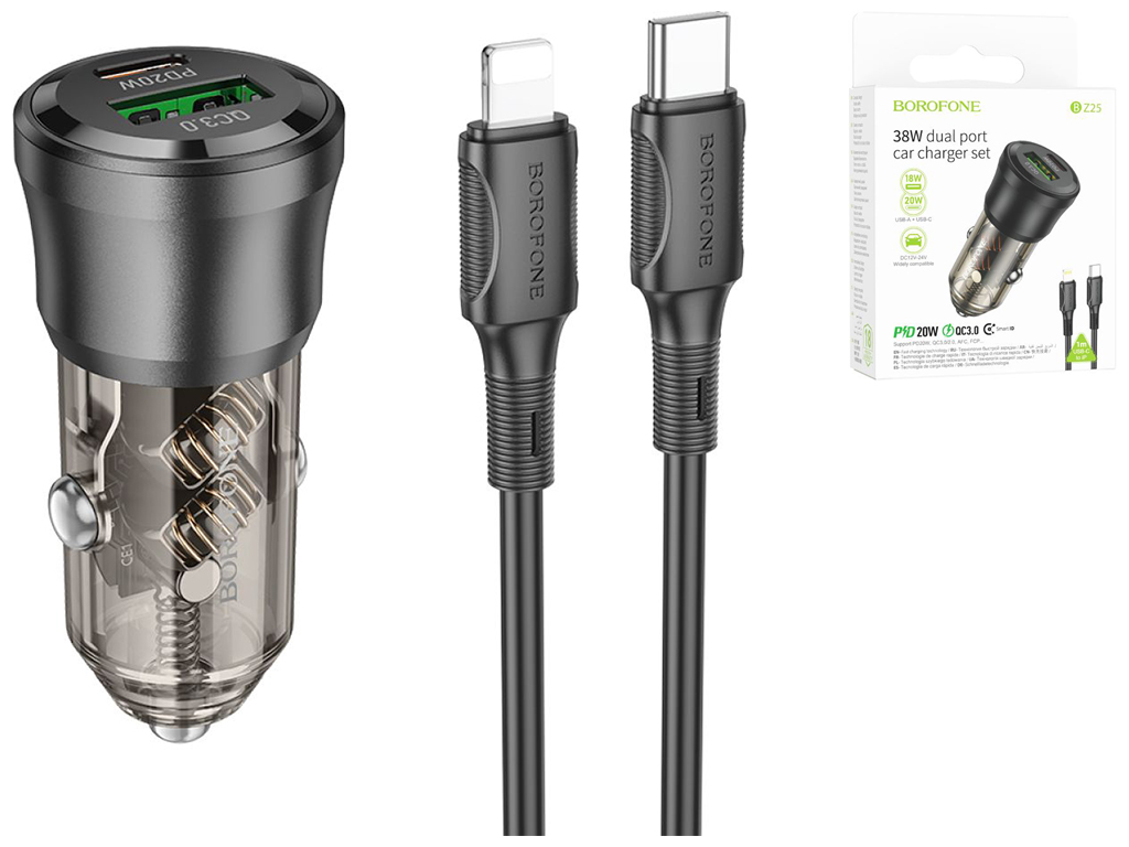 Автомобільний Зарядний Пристрій Borofone BZ25 1USB/1USB-C QC/PD38W+Type-C to Lightning Колір Прозоро
