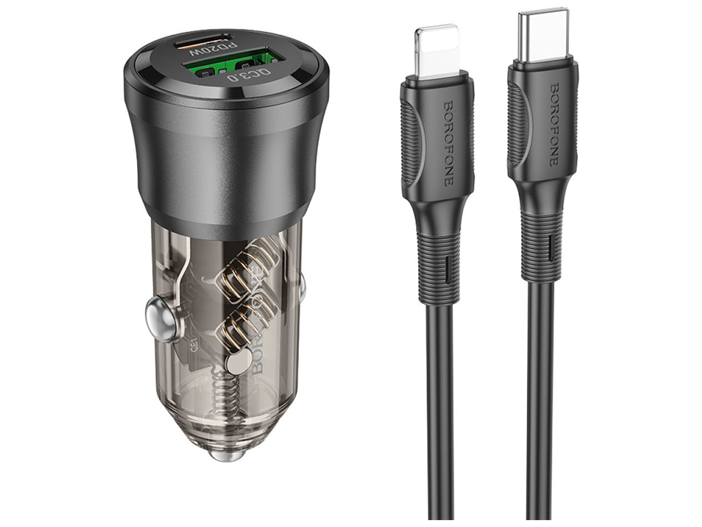Автомобільний Зарядний Пристрій Borofone BZ25 1USB/1USB-C QC/PD38W+Type-C to Lightning Колір Прозоро