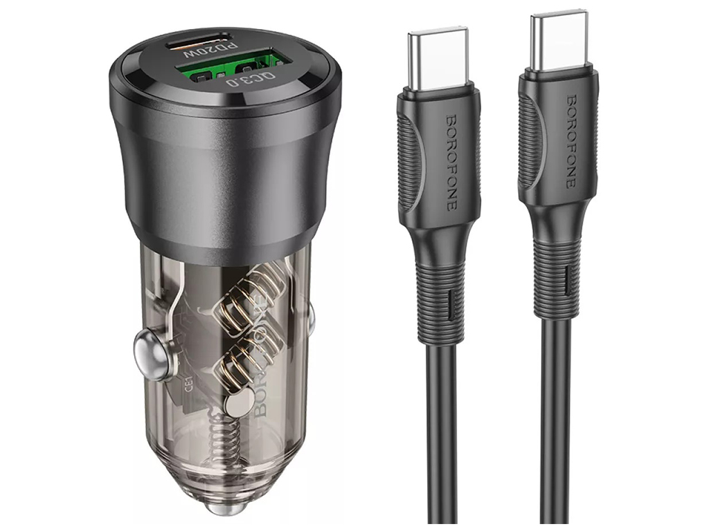 Автомобільний Зарядний Пристрій Borofone BZ25 1USB/1USB-C QC/PD38W+Type-C to Type-C Колір Прозоро-чо
