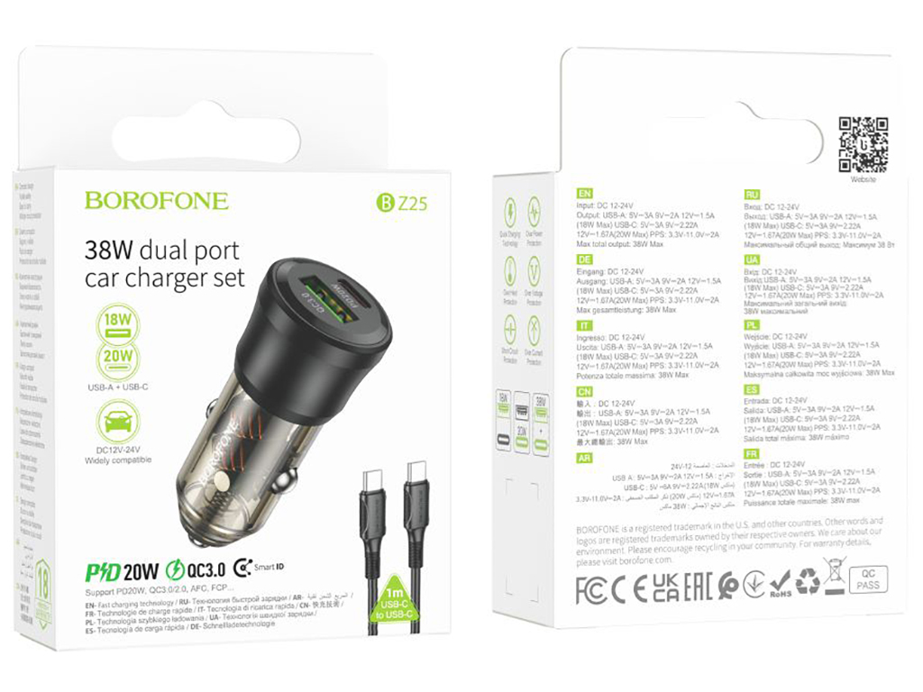 Автомобільний Зарядний Пристрій Borofone BZ25 1USB/1USB-C QC/PD38W+Type-C to Type-C Колір Прозоро-чо