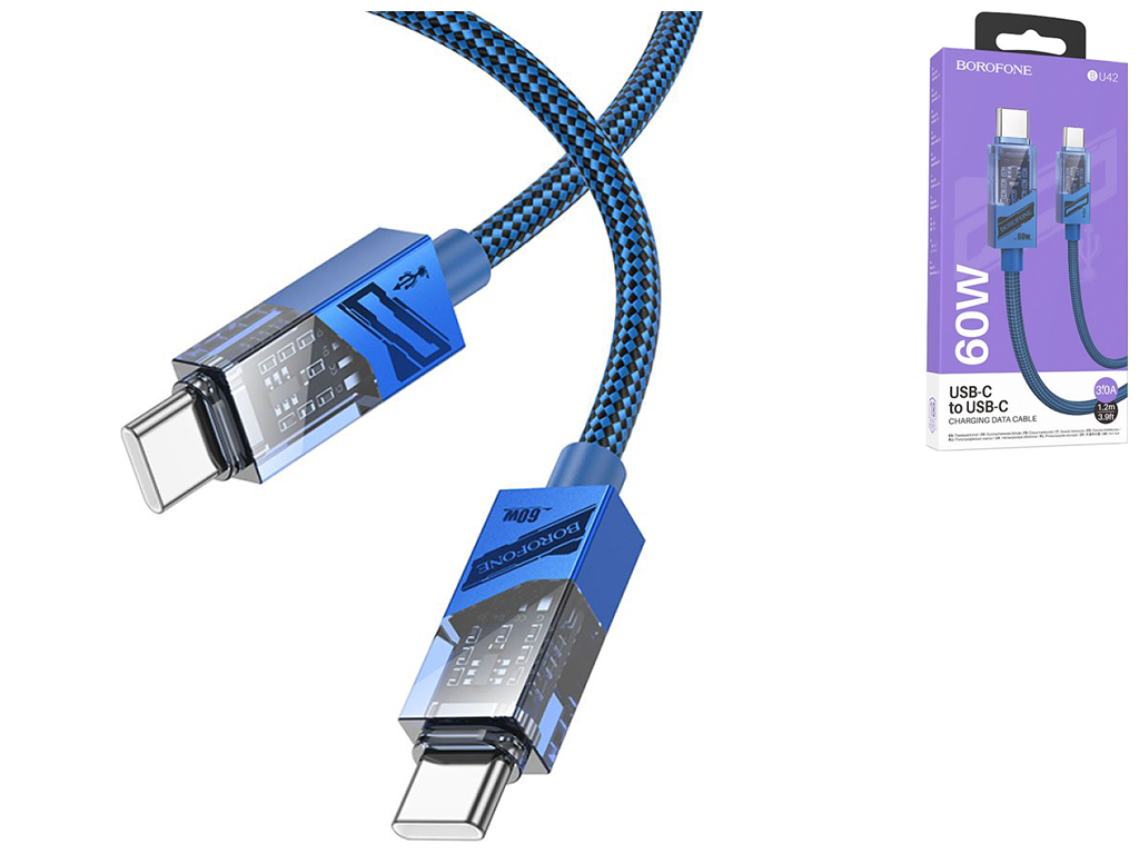 Кабель USB Borofone BU42 Octavia 60W Type-C to Type-C, 1,2м, колір Синiй