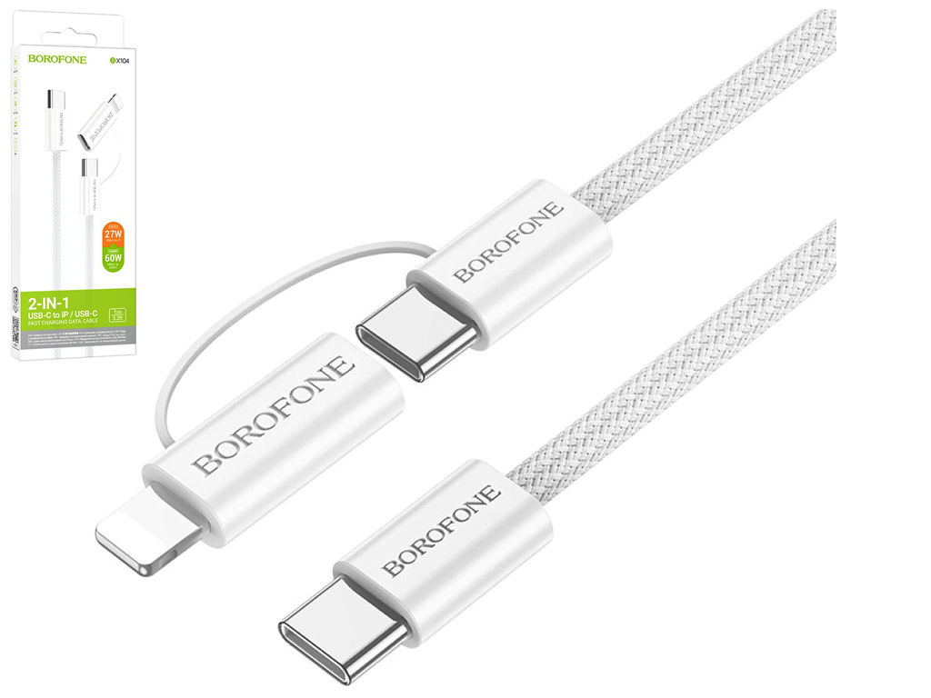 Кабель USB Borofone BX104 Primo two-in-one 60W Type-C to Type-C/iP PD27W Колір Бiлий