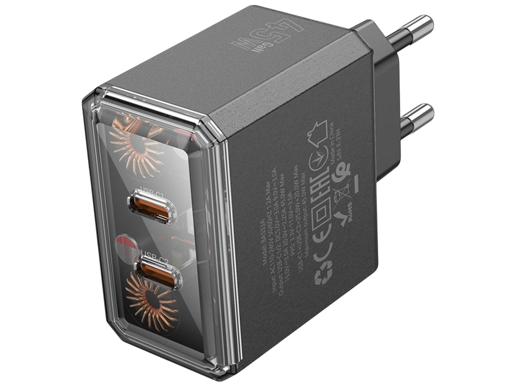 Зарядний пристрій Borofone BAS33A, адаптер, 2×USB-C, PD/QC 45W, 126×85×35мм, чорний