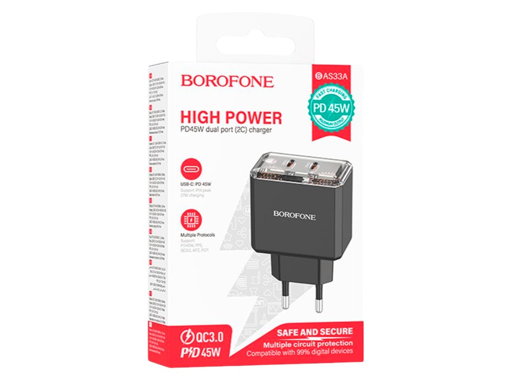 Зарядний пристрій Borofone BAS33A, адаптер, 2×USB-C, PD/QC 45W, 126×85×35мм, чорний