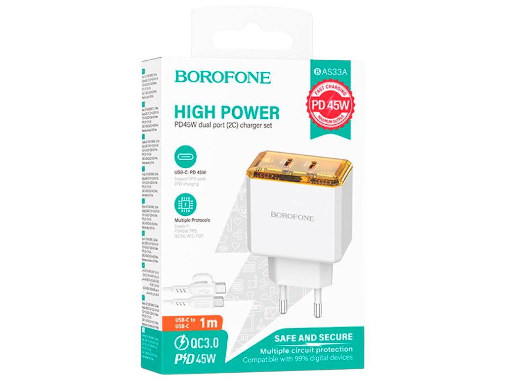 Зарядний пристрій Borofone BAS33A, 2×USB-C, PD/QC 45W, Type-C to Type-C, колір білий