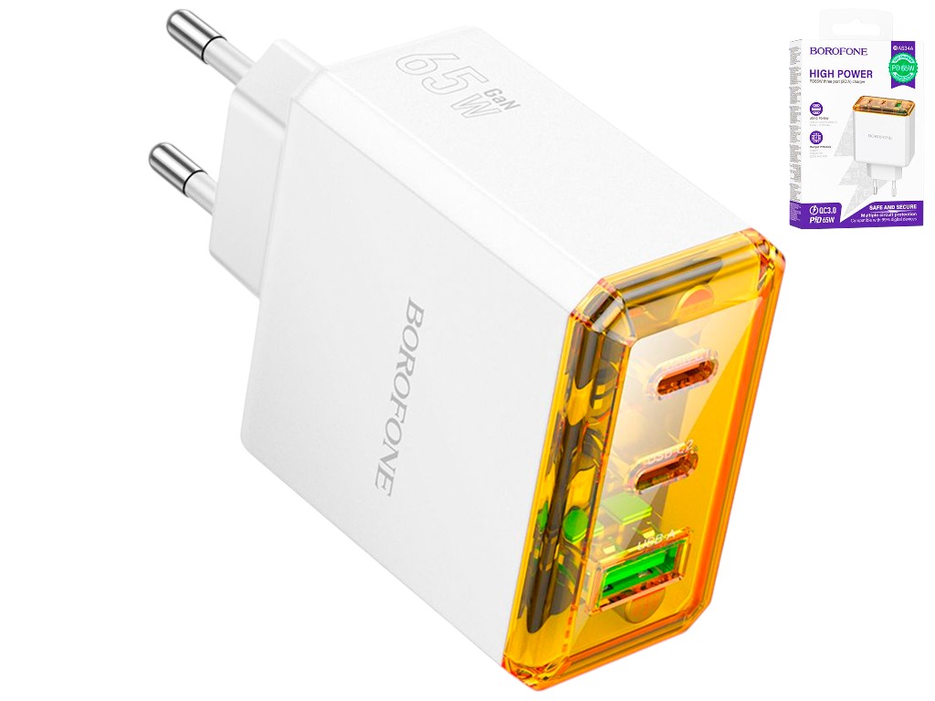 Зарядний пристрій Borofone BAS34A, 2Type-C/1USB, PD/QC 65W, 130×85×35мм, колір білий