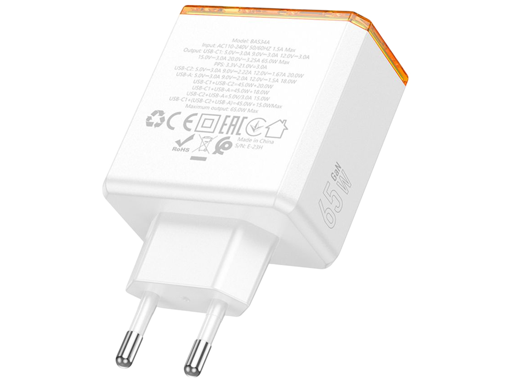 Зарядний пристрій Borofone BAS34A, 2Type-C/1USB, PD/QC 65W, 130×85×35мм, колір білий