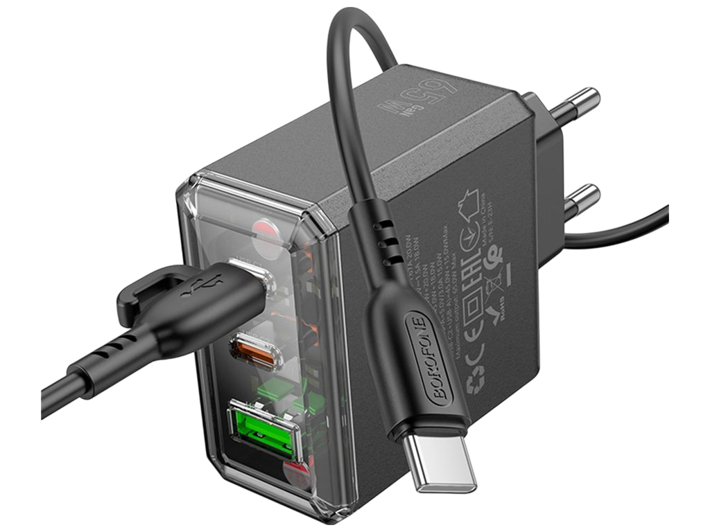 Сетевое зарядное устройство Borofone BAS34A, 2 Type-C, 1 USB, 65W, QC3.0, кабель Type-C, цвет черный
