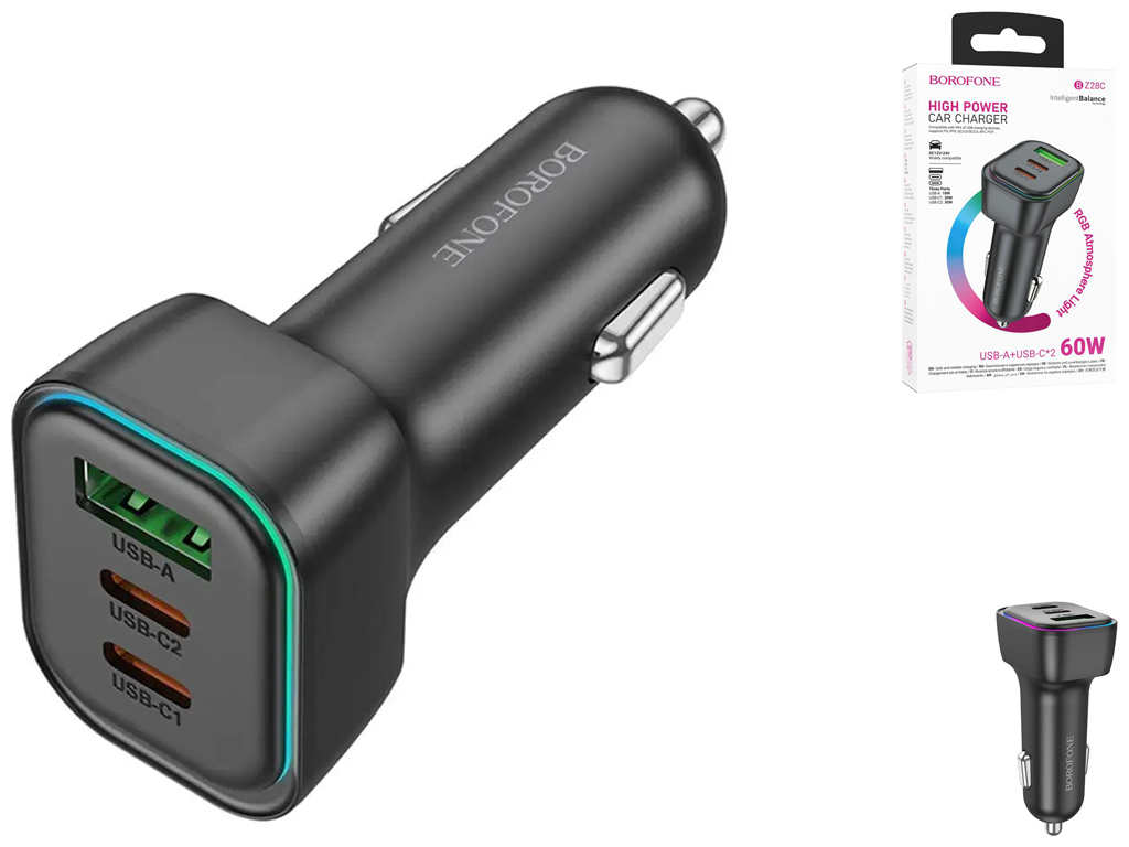Автомобільний Зарядний Пристрій Borofone BZ28C 1USB/2USB-C QC/PD 60W Колір Чорний