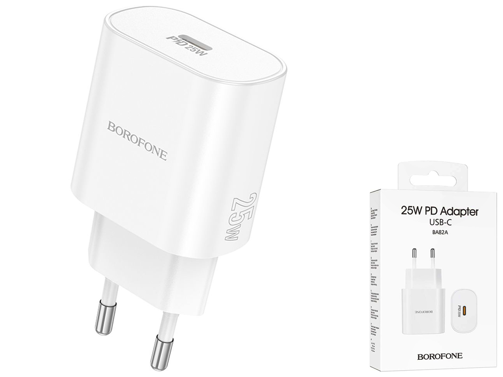 Мережевий зарядний пристрій Borofone BA82A 1USB-C PD/QC 25W, колір бiлий