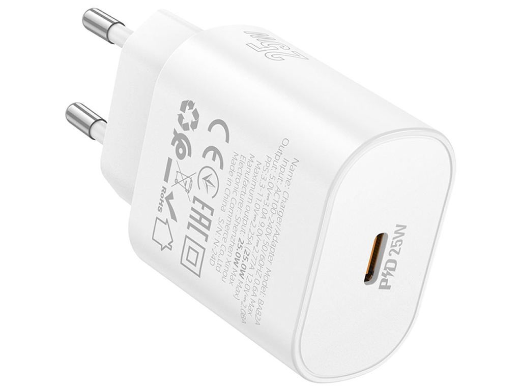 Мережевий зарядний пристрій Borofone BA82A 1USB-C PD/QC 25W, колір бiлий