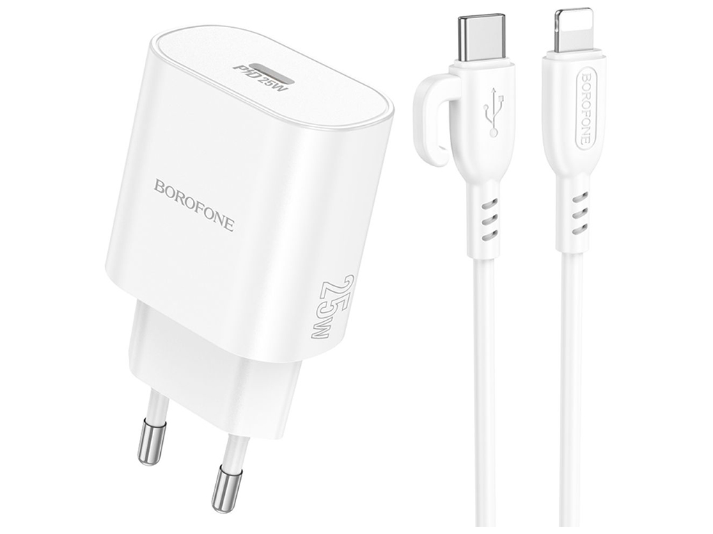 Сетевое зарядное устройство Borofone BA82A 1USB-C PD/QC 25W+Type-C to Lightning, цвет белый
