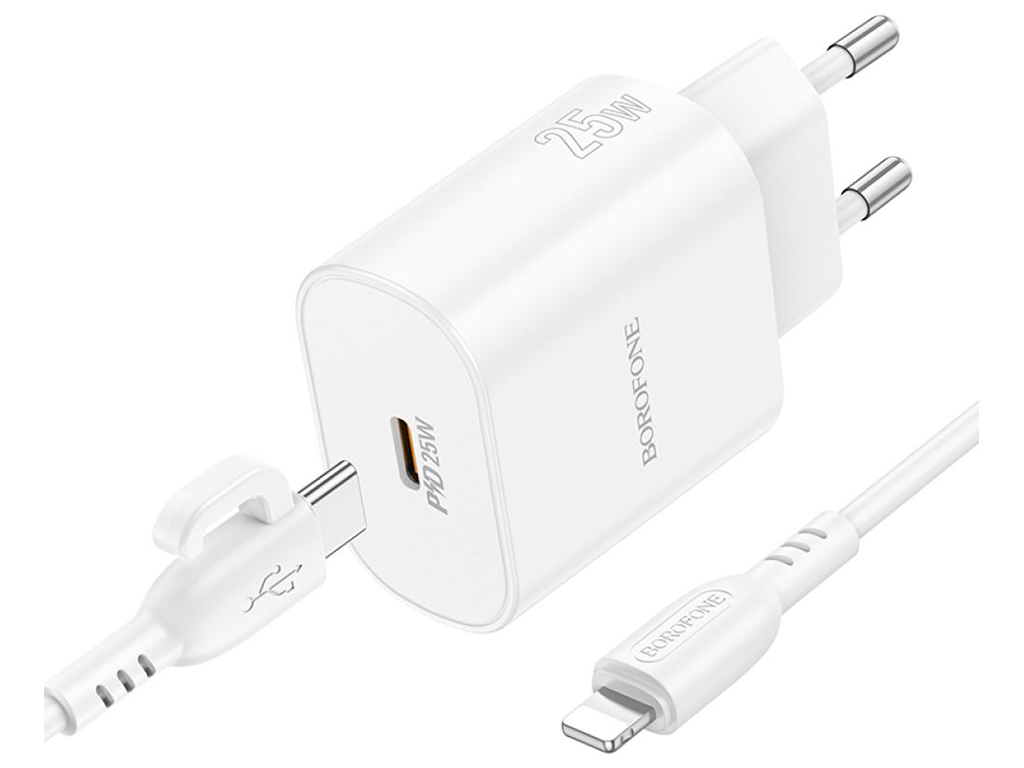 Сетевое зарядное устройство Borofone BA82A 1USB-C PD/QC 25W+Type-C to Lightning, цвет белый