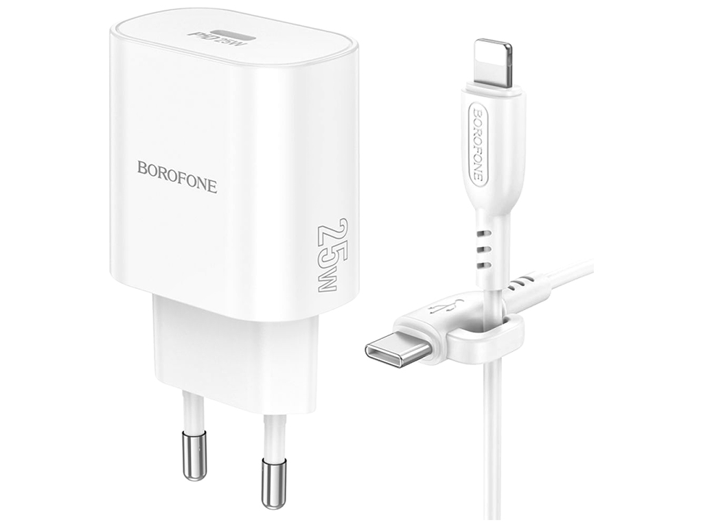 Сетевое зарядное устройство Borofone BA82A 1USB-C PD/QC 25W+Type-C to Lightning, цвет белый