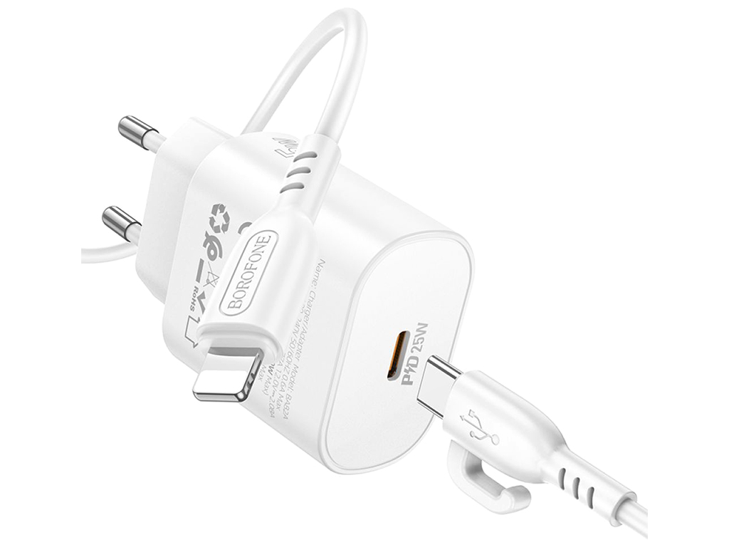 Сетевое зарядное устройство Borofone BA82A 1USB-C PD/QC 25W+Type-C to Lightning, цвет белый