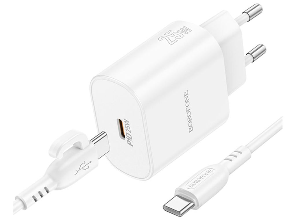 Сетевое зарядное устройство Borofone BA82A 1USB-C PD/QC 25W+Type-C to Type-C, цвет белый