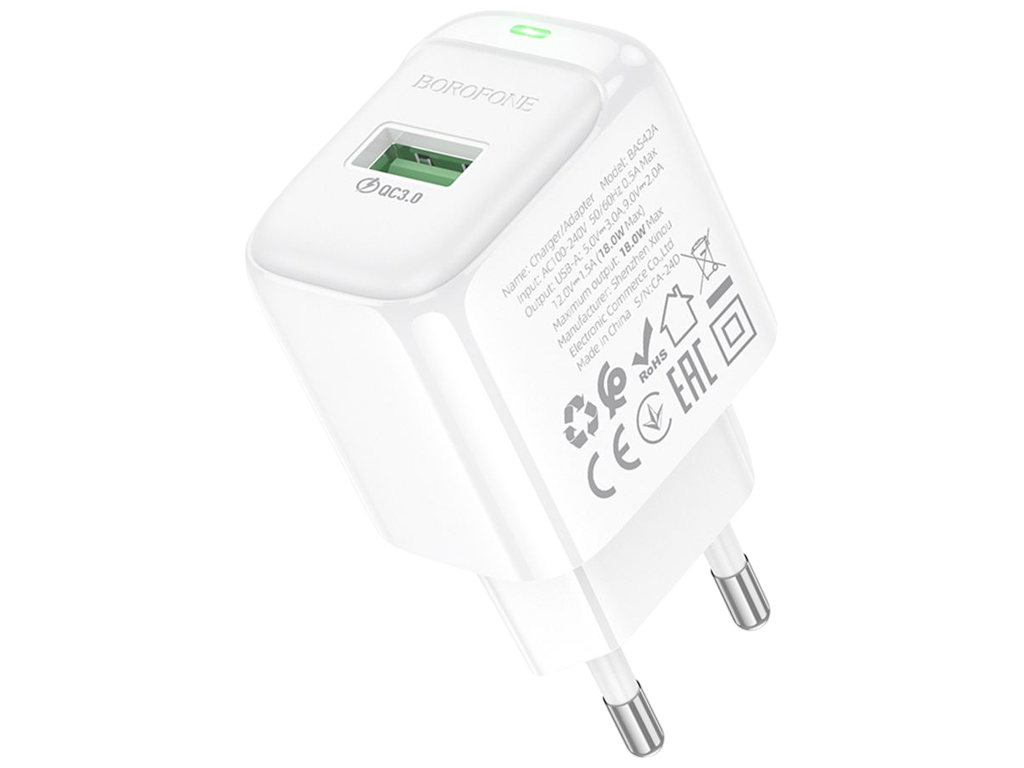 Зарядний пристрій Borofone BAS42A 1USB QC3.0 18W, 90×40×200мм, колір білий