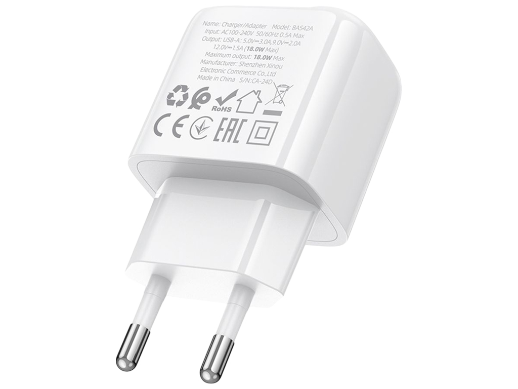 Зарядний пристрій Borofone BAS42A 1USB QC3.0 18W, 90×40×200мм, колір білий