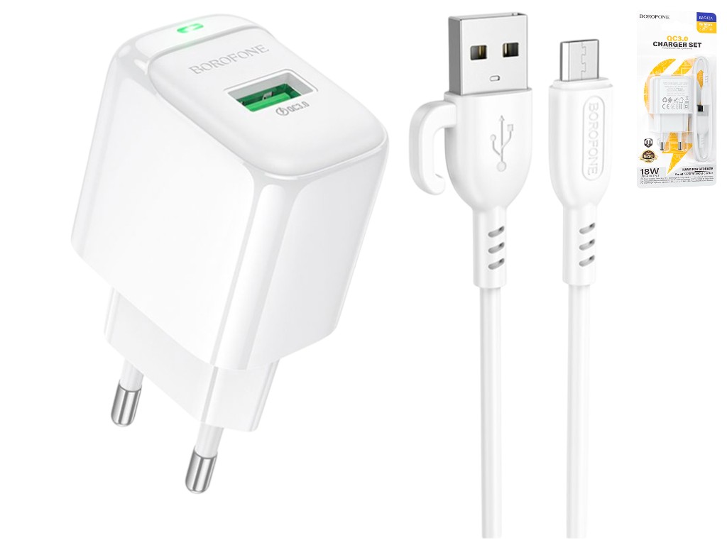 Зарядное устройство сетевое Borofone BAS42A, 1USB, QC3.0, 18Вт, 5V/2A, 190×80×30мм, цвет белый