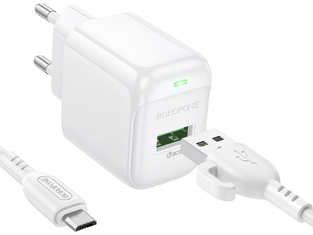 Зарядное устройство сетевое Borofone BAS42A, 1USB, QC3.0, 18Вт, 5V/2A, 190×80×30мм, цвет белый