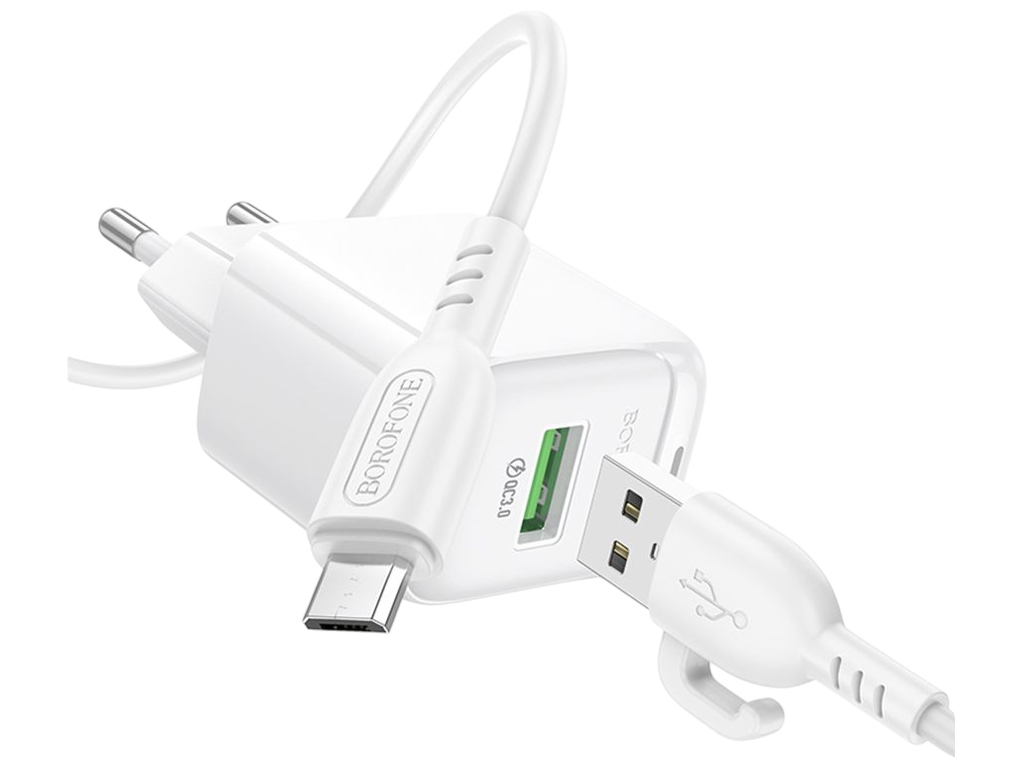 Зарядное устройство сетевое Borofone BAS42A, 1USB, QC3.0, 18Вт, 5V/2A, 190×80×30мм, цвет белый