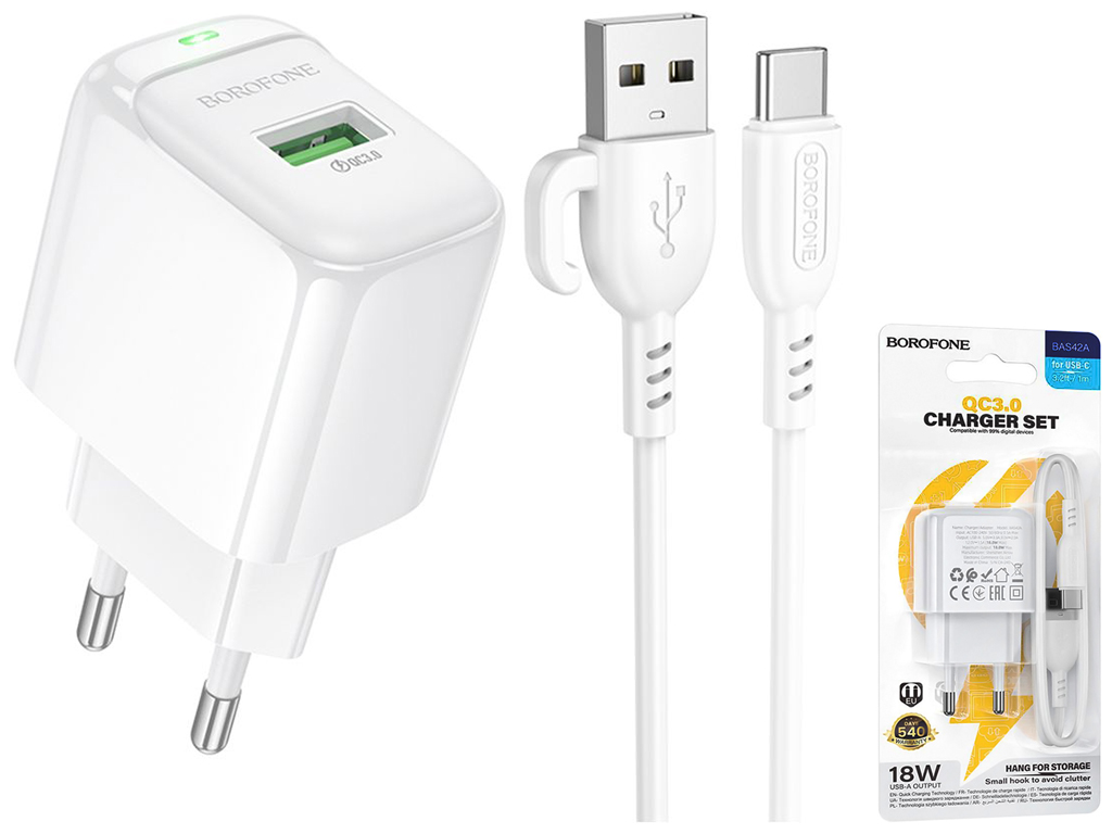 Мережевий зарядний пристрій Borofone BAS42A 1USB QC3.0 18W+USB to Type-C, колір бiлий