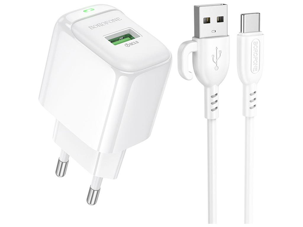 Мережевий зарядний пристрій Borofone BAS42A 1USB QC3.0 18W+USB to Type-C, колір бiлий