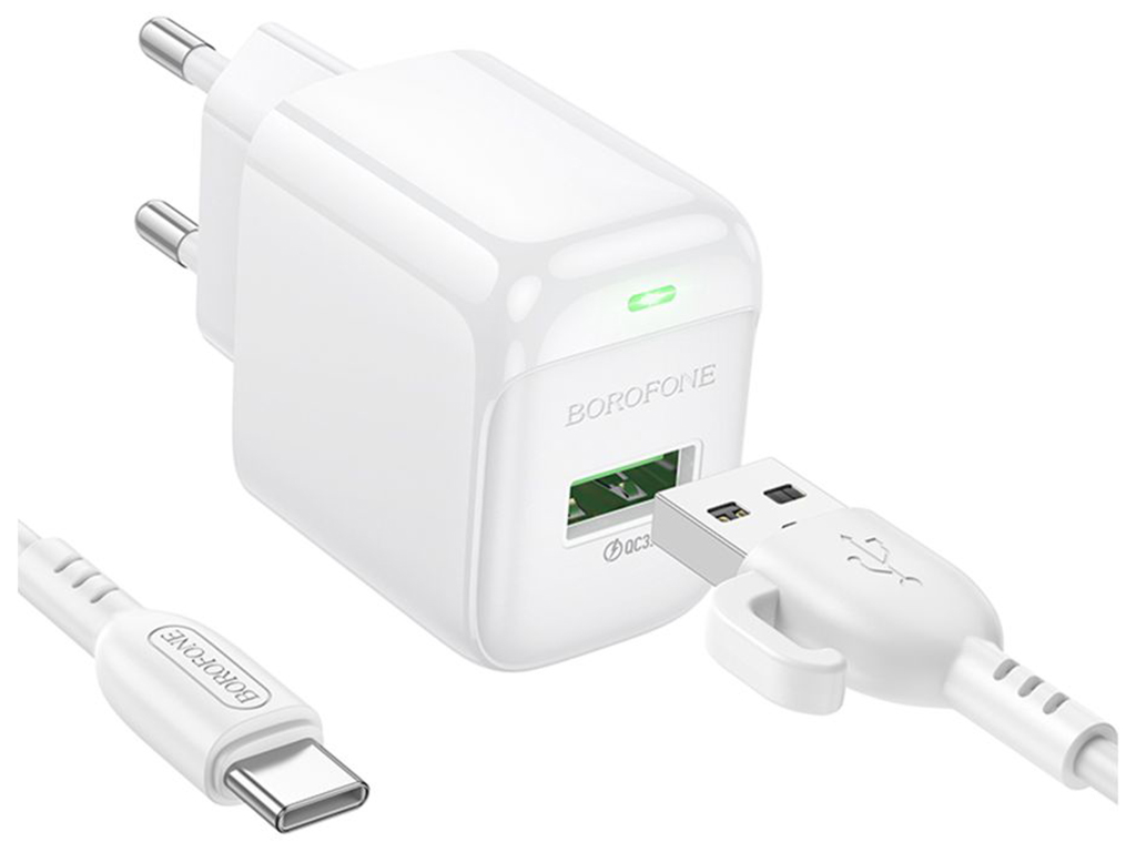 Мережевий зарядний пристрій Borofone BAS42A 1USB QC3.0 18W+USB to Type-C, колір бiлий