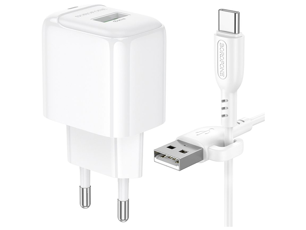 Мережевий зарядний пристрій Borofone BAS42A 1USB QC3.0 18W+USB to Type-C, колір бiлий