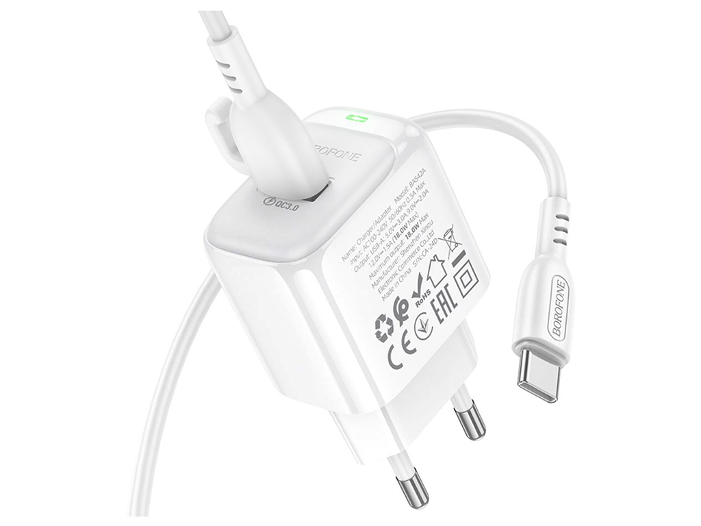 Мережевий зарядний пристрій Borofone BAS42A 1USB QC3.0 18W+USB to Type-C, колір бiлий