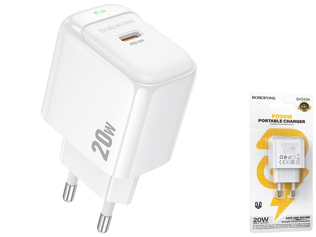Сетевое зарядное устройство Borofone BAS43A 1USB-C PD/QC 20W, цвет белый