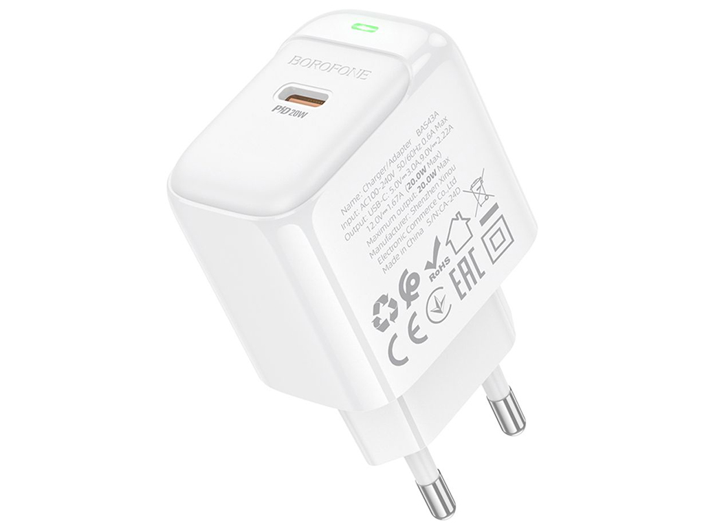Сетевое зарядное устройство Borofone BAS43A 1USB-C PD/QC 20W, цвет белый