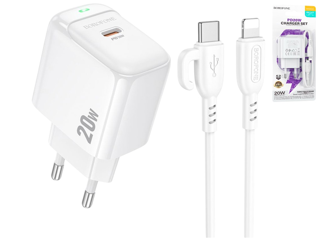 Зарядний пристрій Borofone BAS43A, 1USB-C, 20Вт, кабель Type-C–Lightning, колір білий