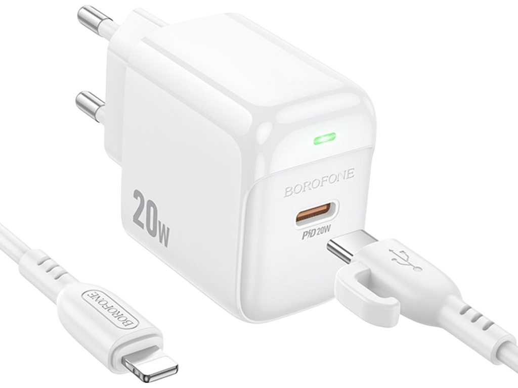 Зарядний пристрій Borofone BAS43A, 1USB-C, 20Вт, кабель Type-C–Lightning, колір білий