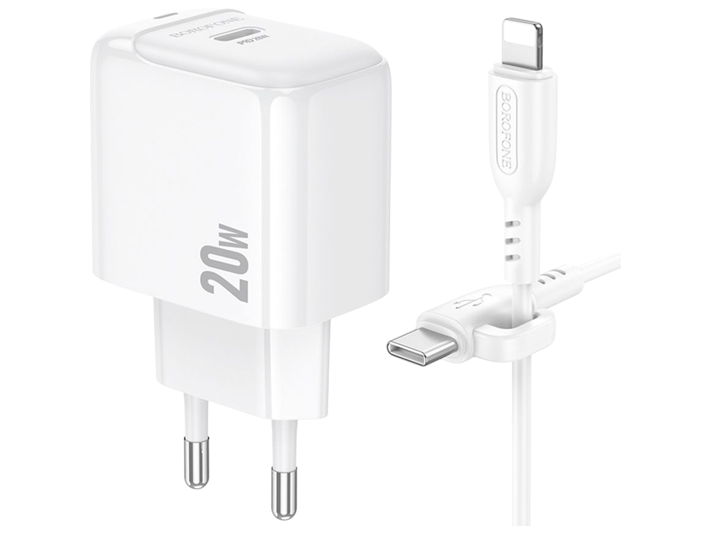 Зарядний пристрій Borofone BAS43A, 1USB-C, 20Вт, кабель Type-C–Lightning, колір білий