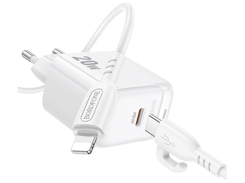 Зарядний пристрій Borofone BAS43A, 1USB-C, 20Вт, кабель Type-C–Lightning, колір білий